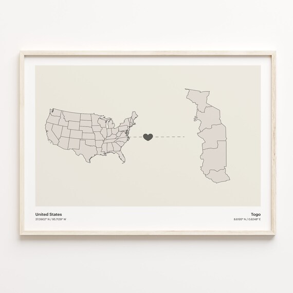 United States to Togo Heart Connection Long Distance Map Poster