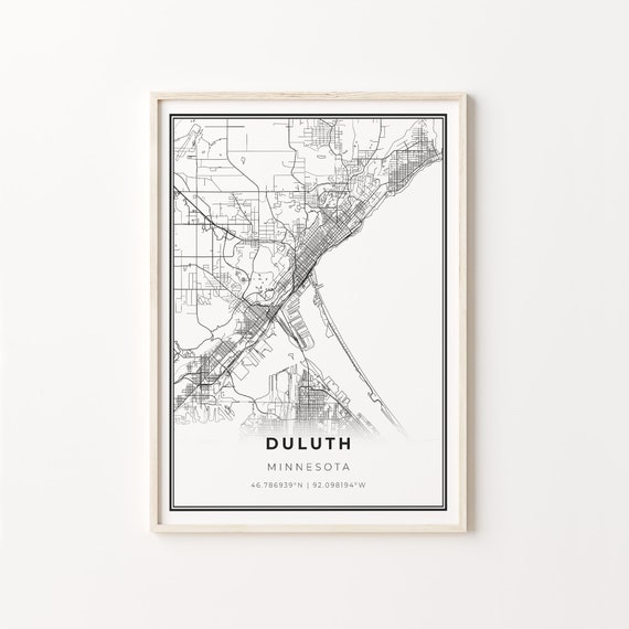 Duluth City Map Art Print, Modern Black And White