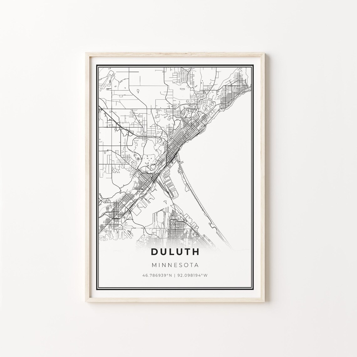 Duluth City Map Art Print, Modern Black And White