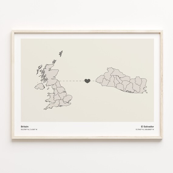 Britain To El Salvador Minimal Heart Country Connection Map Poster