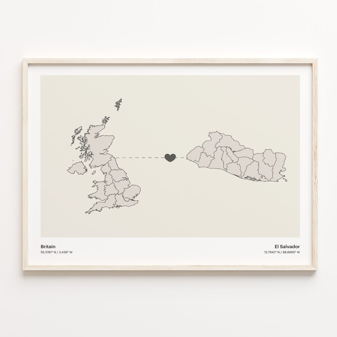Britain To El Salvador Minimal Heart Country Connection Map Poster