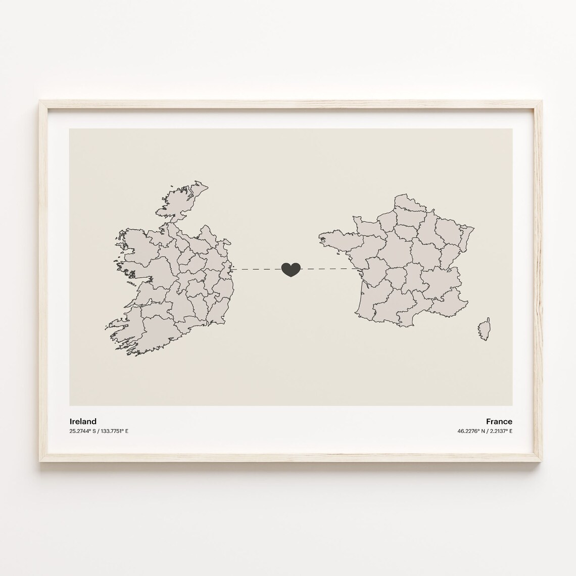 Ireland and France Couple Long Distance Love Heart Map Poster