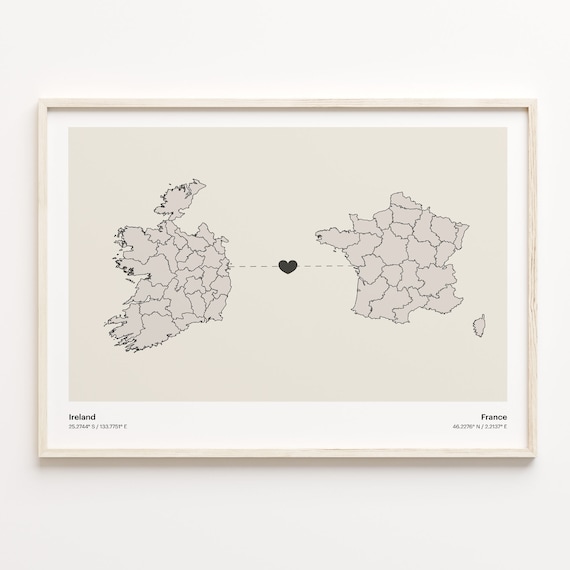 Ireland and France Couple Long Distance Love Heart Map Poster
