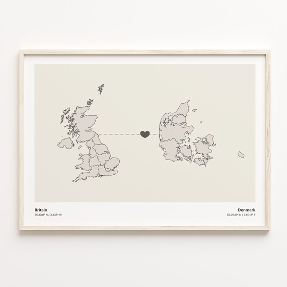 Britain to Denmark Minimalist Long Distance Love Map Art Poster