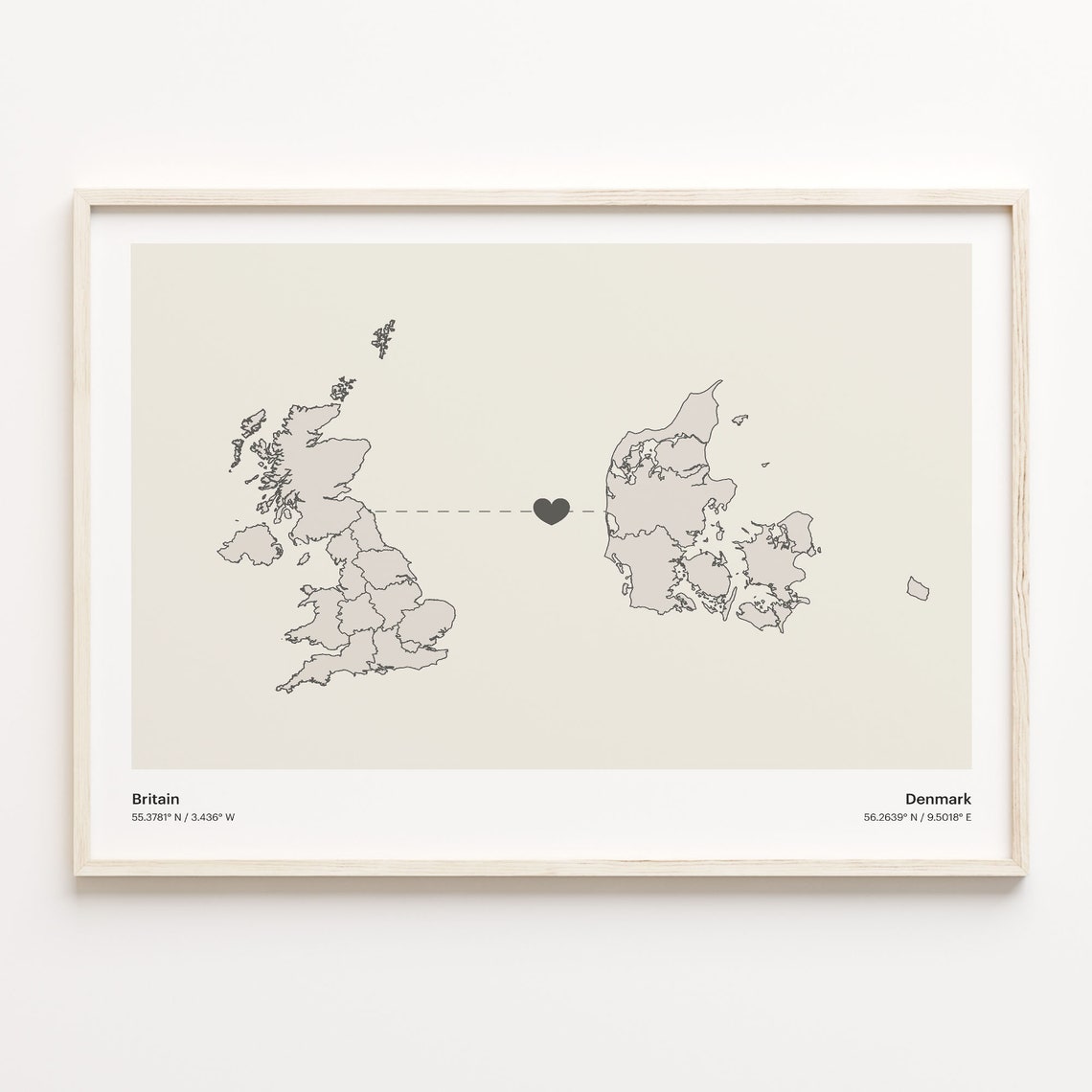 Britain to Denmark Minimalist Long Distance Love Map Art Poster