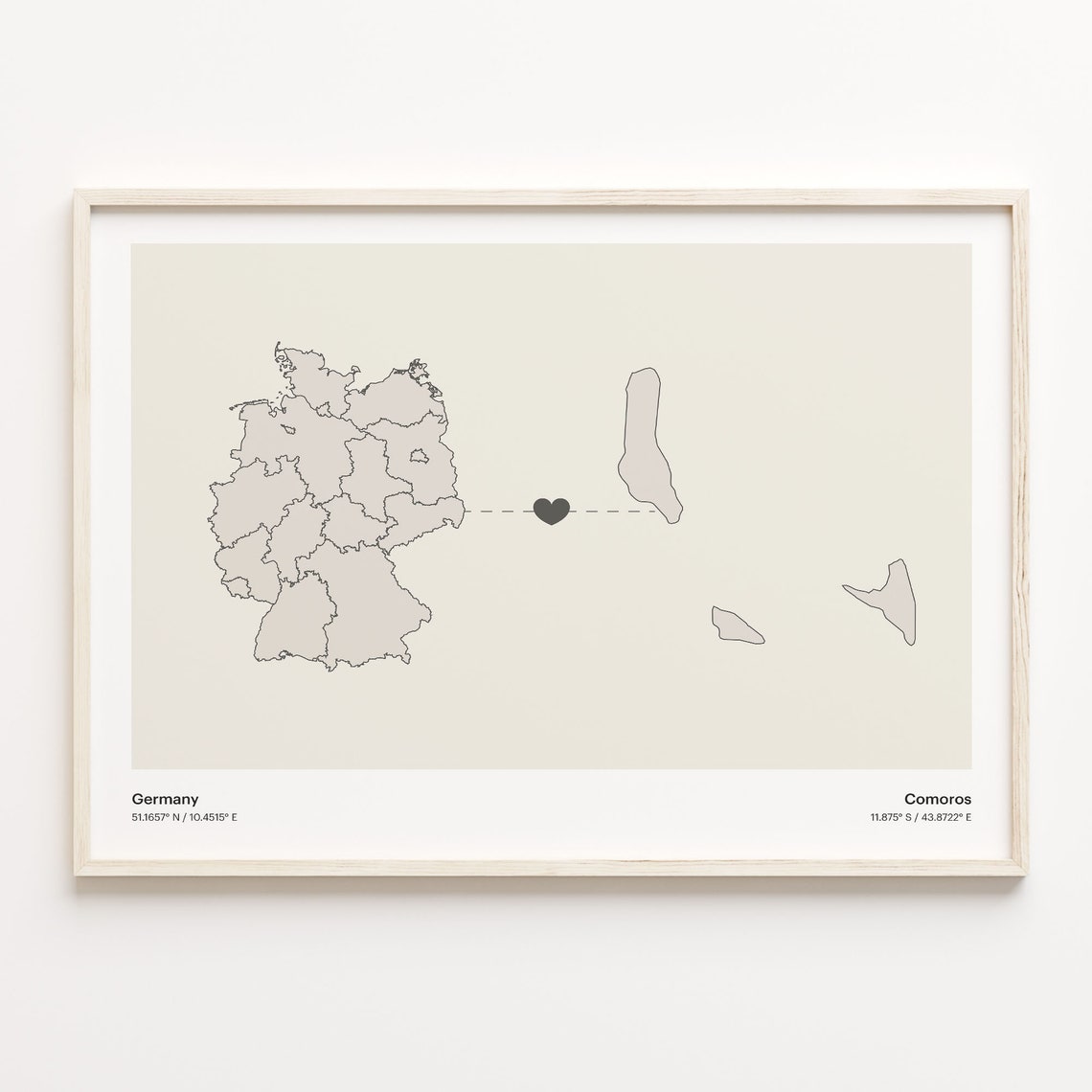 Germany Comoros Long Distance Heart Connection Map Gift Poster