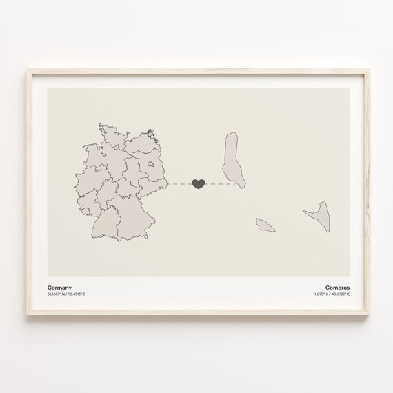 Germany Comoros Long Distance Heart Connection Map Gift Poster
