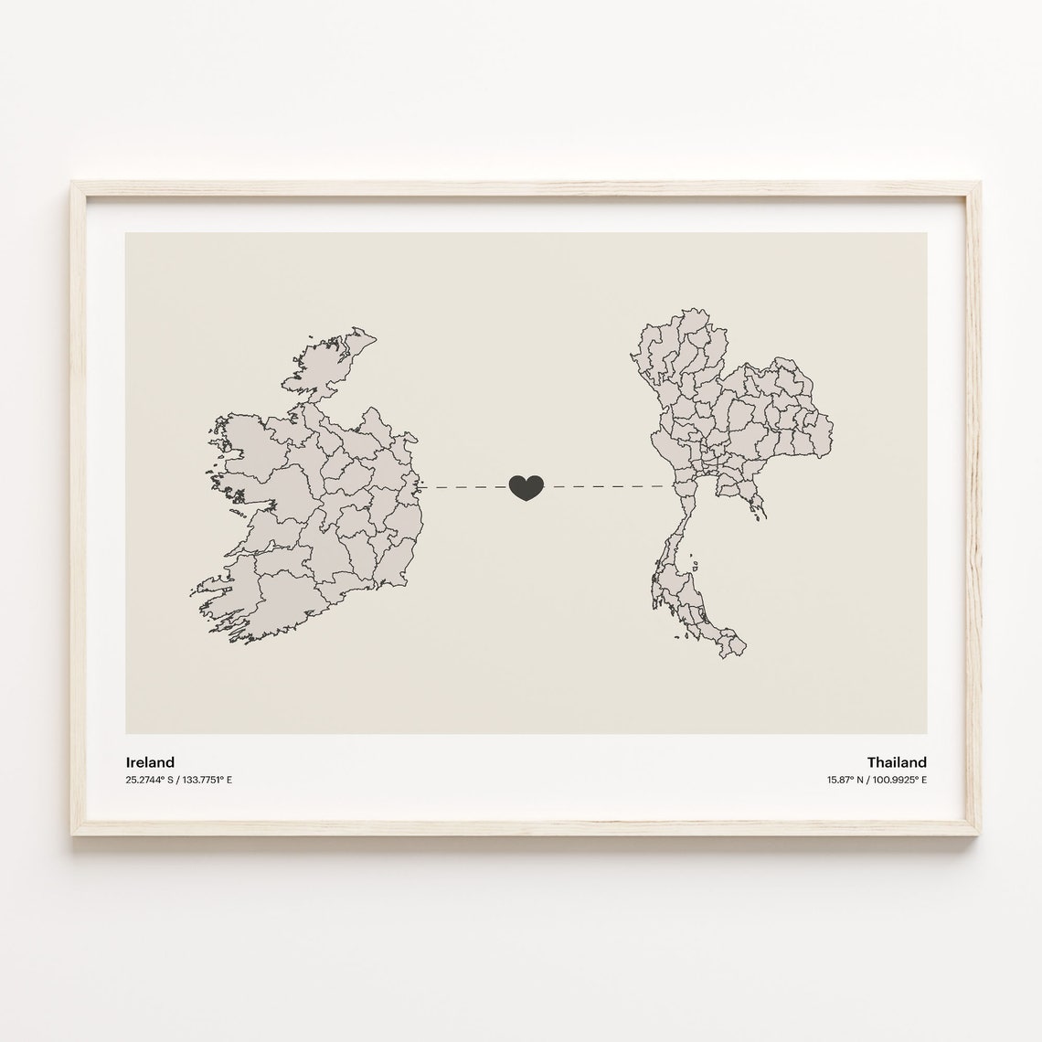 Ireland to Thailand Minimalist Heart Map Art Connection Poster