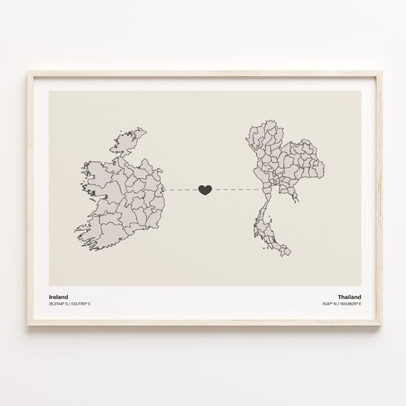 Ireland to Thailand Minimalist Heart Map Art Connection Poster