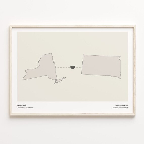 New York South Dakota Long Distance Love Connection Heart Map Poster
