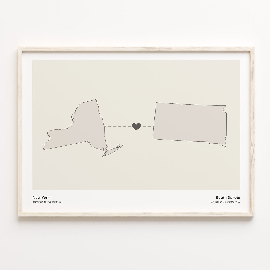 New York South Dakota Long Distance Love Connection Heart Map Poster