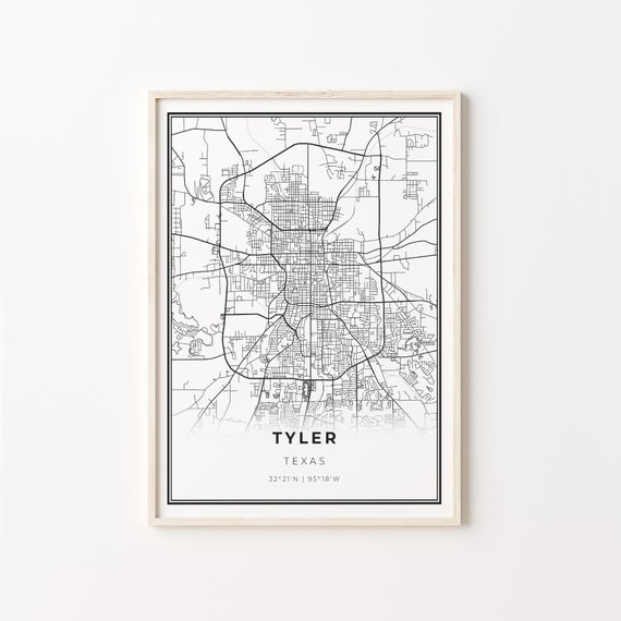 Tyler City Map Art Print, Modern Black And White