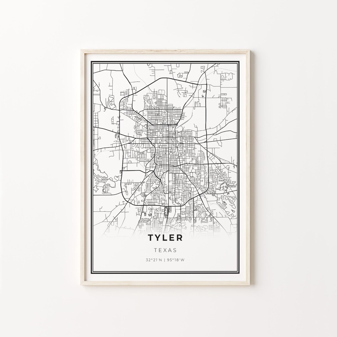 Tyler City Map Art Print, Modern Black And White