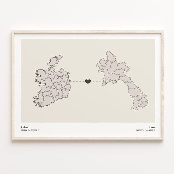 Ireland to Laos Long Distance Love Heart Connection Map Poster