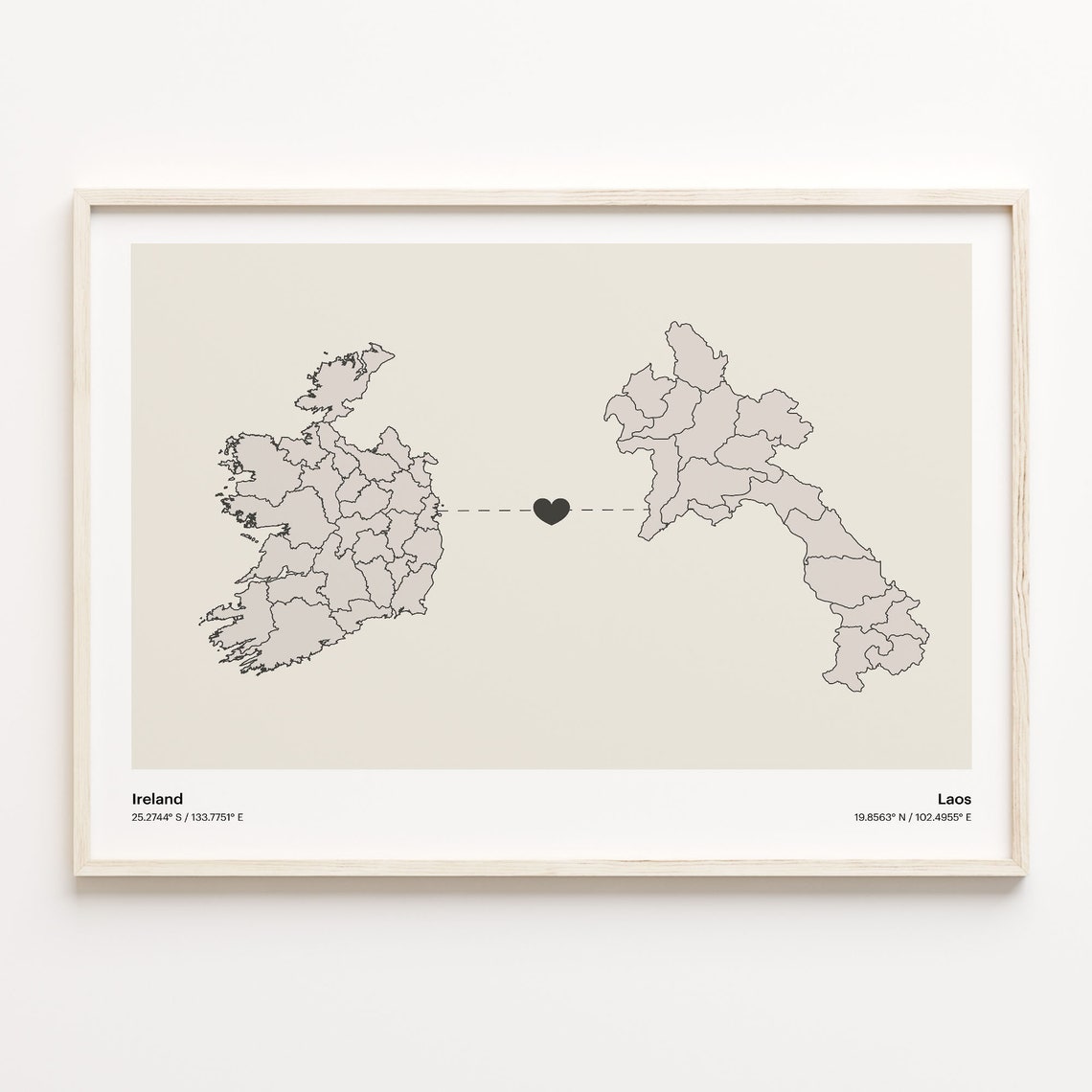 Ireland to Laos Long Distance Love Heart Connection Map Poster