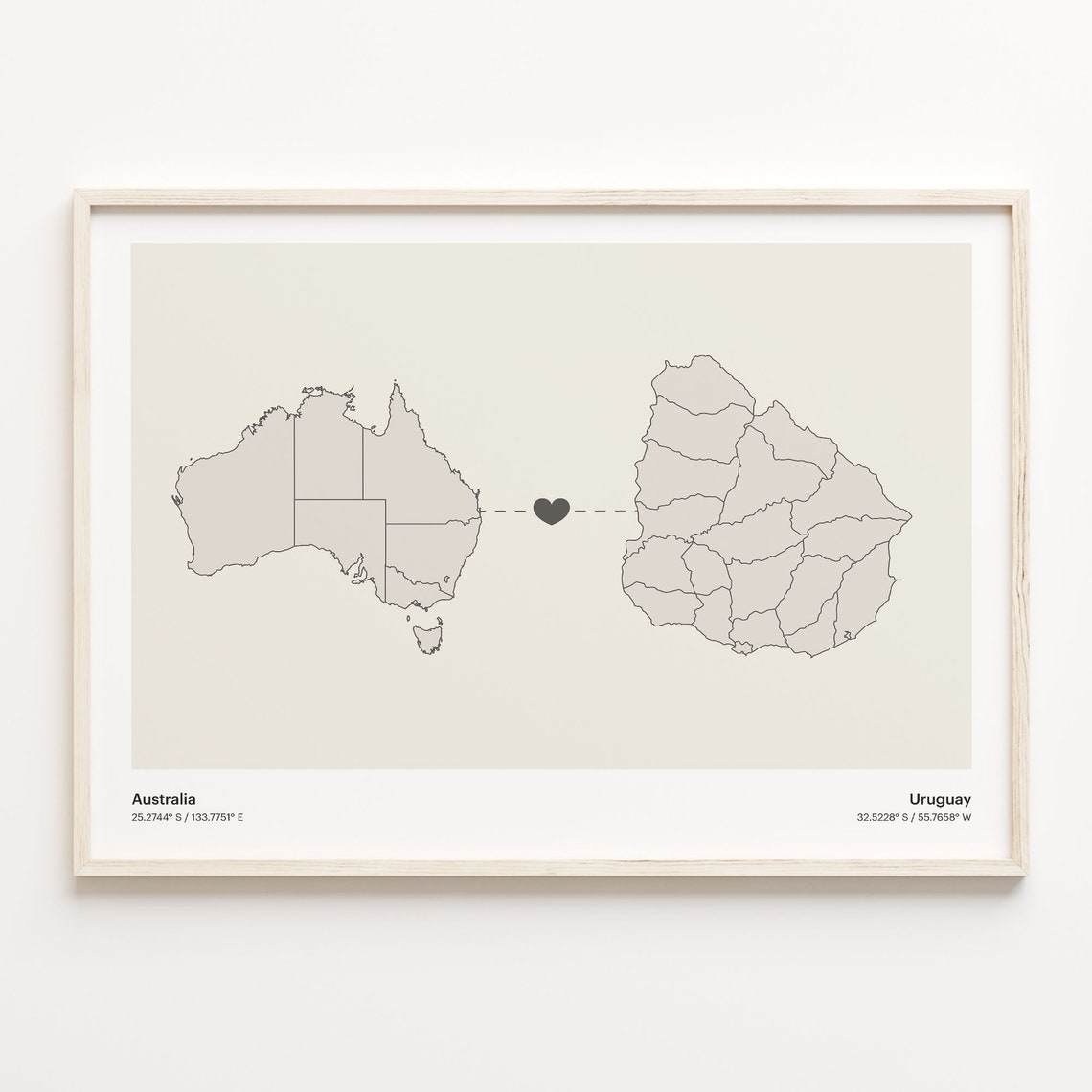 Australia to Uruguay Minimalist Heart Couple Connection Map Poster