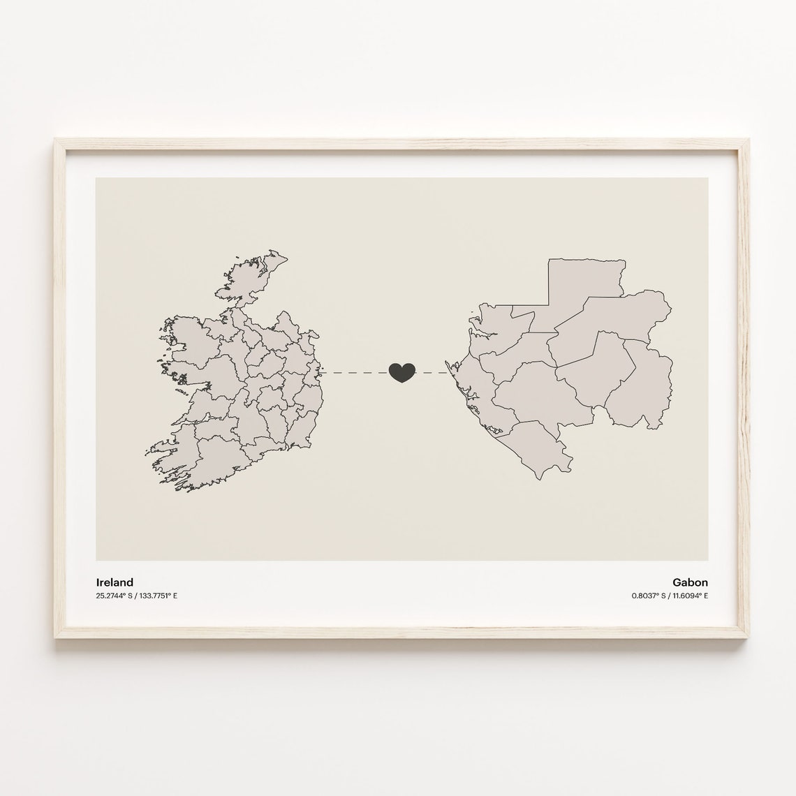 Ireland To Gabon Heart Minimalist Country Connection Map Poster