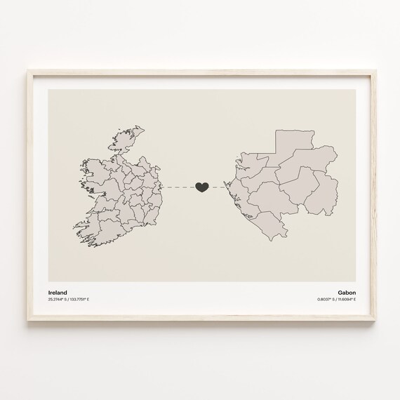 Ireland To Gabon Heart Minimalist Country Connection Map Poster