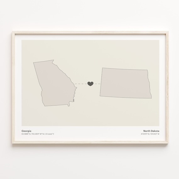 Georgia North Dakota Minimalist Long Distance Love Heart Map Poster