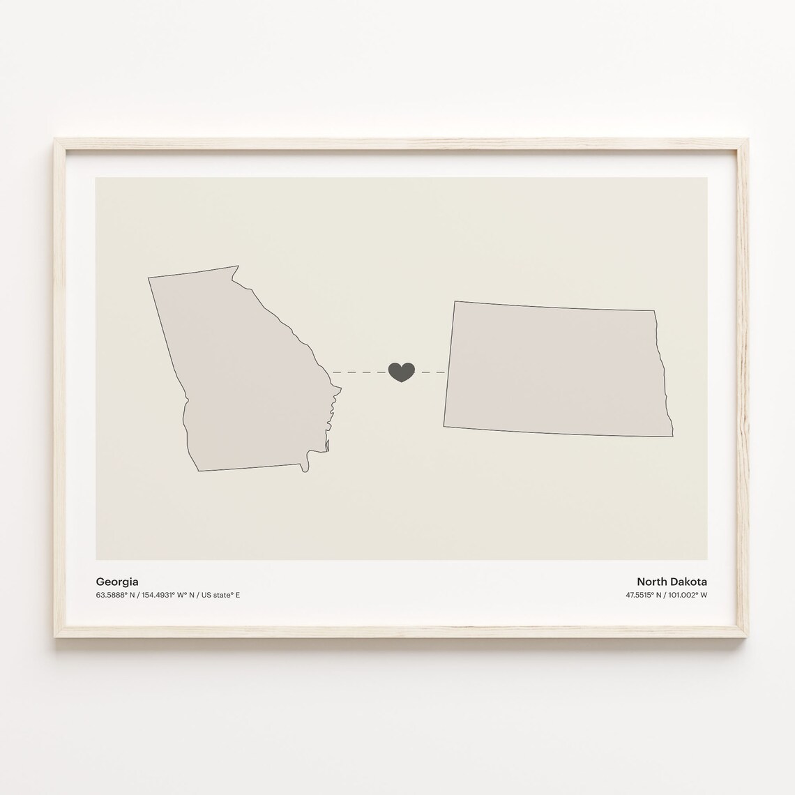 Georgia North Dakota Minimalist Long Distance Love Heart Map Poster
