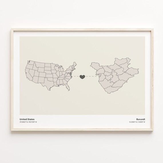 United States Burundi Long Distance Heart Connection Map Poster