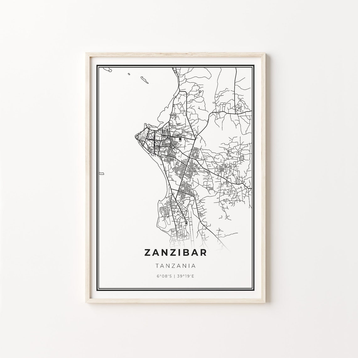 Zanzibar Tanzania Island Black and White Minimalist Map Poster