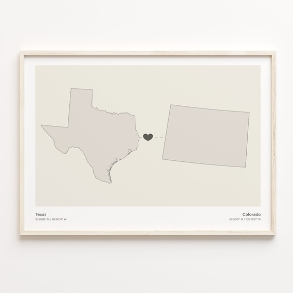 Texas Colorado Minimalist Long Distance Love Heart Map Poster
