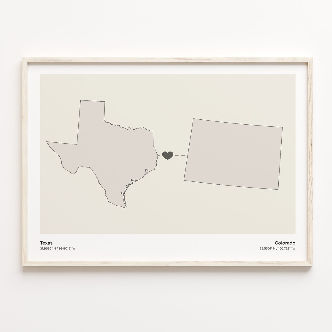Texas Colorado Minimalist Long Distance Love Heart Map Poster
