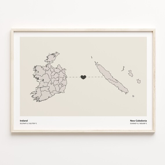 Ireland New Caledonia Long Distance Love Connection Heart Map Poster