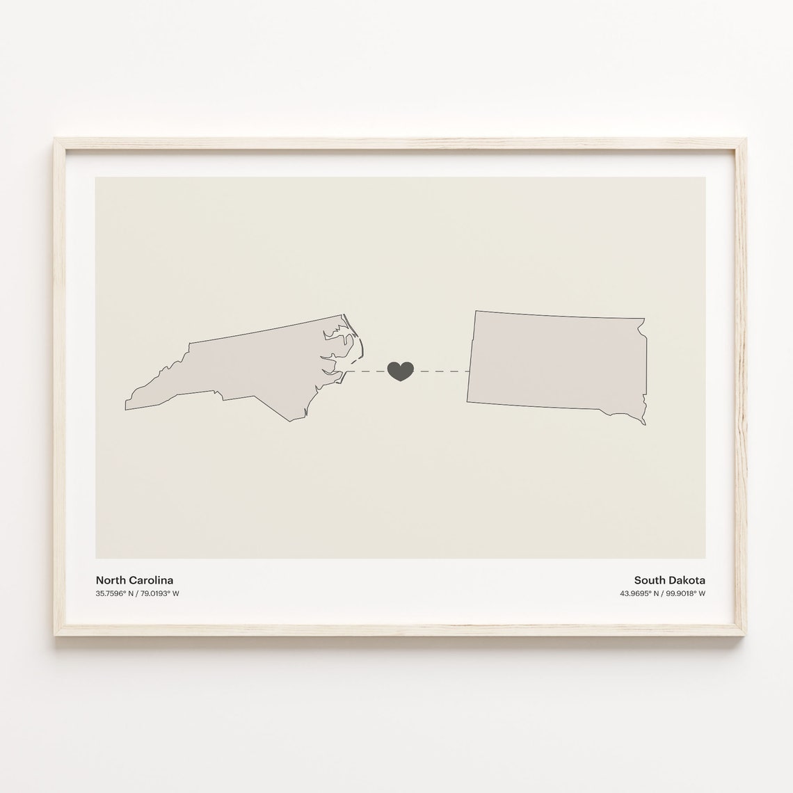 North Carolina To South Dakota Minimalist Heart Map Connection Print