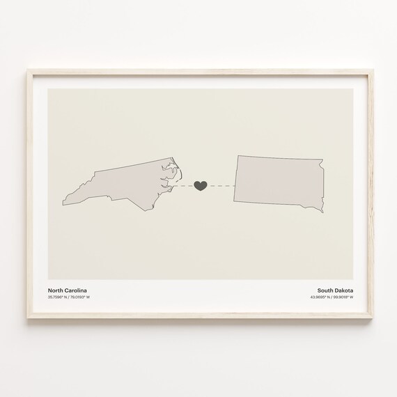 North Carolina To South Dakota Minimalist Heart Map Connection Print