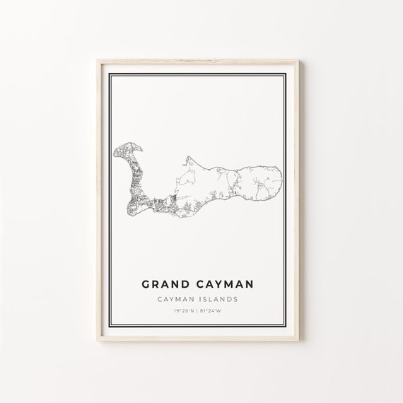 Grand Cayman City Map Art Print, Black And White Style