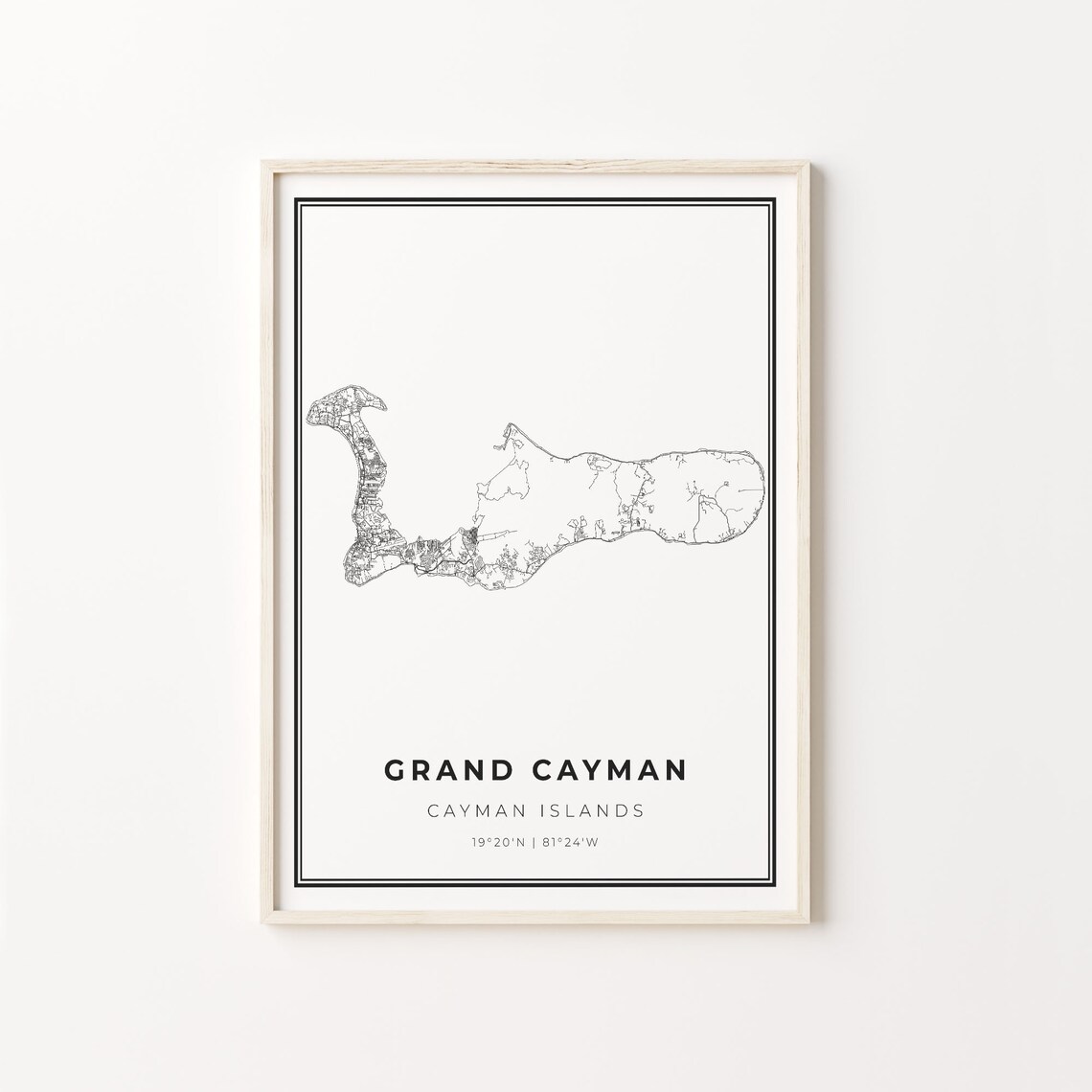 Grand Cayman City Map Art Print, Black And White Style