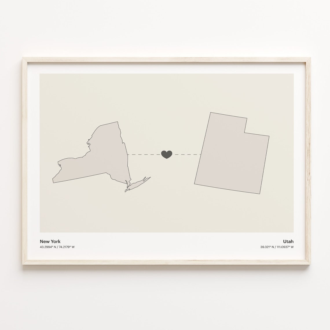 New York to Utah Long Distance Love Heart Connection Map Poster