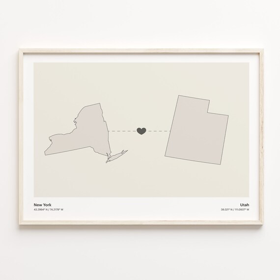 New York to Utah Long Distance Love Heart Connection Map Poster