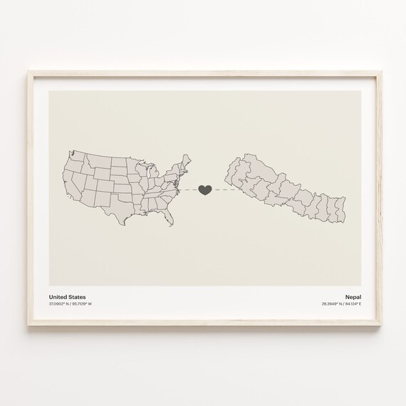 United States To Nepal Long Distance Heart Map Minimalist Poster
