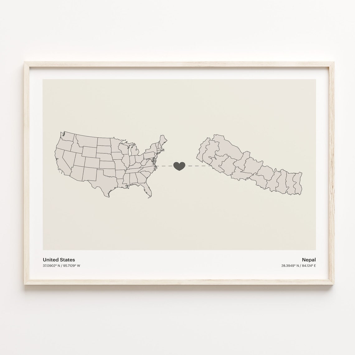 United States To Nepal Long Distance Heart Map Minimalist Poster