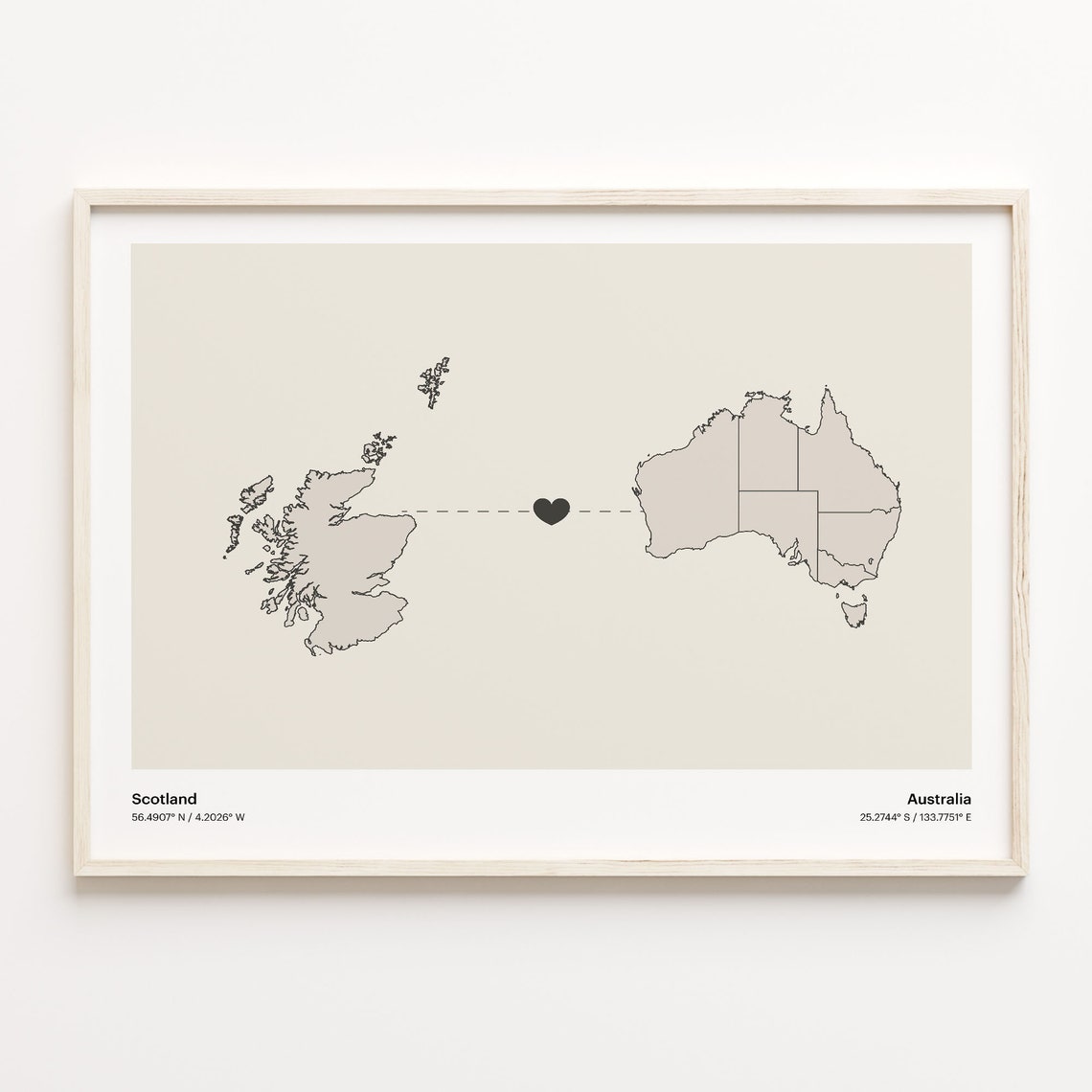 Scotland To Australia Minimalist Heart Map Love Connection Print