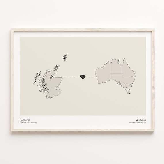 Scotland To Australia Minimalist Heart Map Love Connection Print
