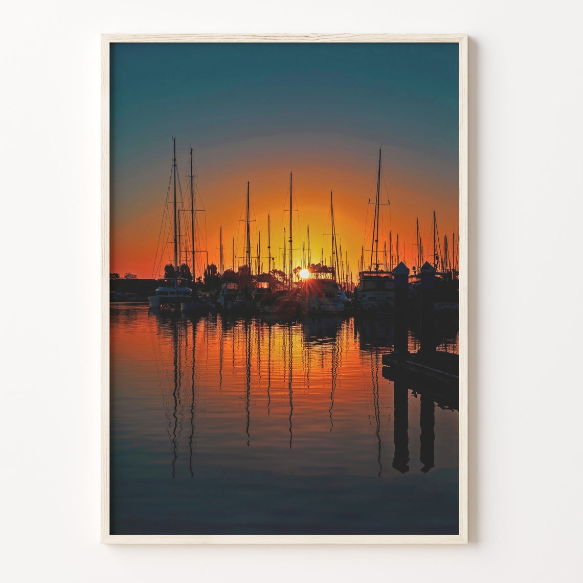 Sailboat Masts Silhouetted At A Glowing Marina Sunset Photo Poster