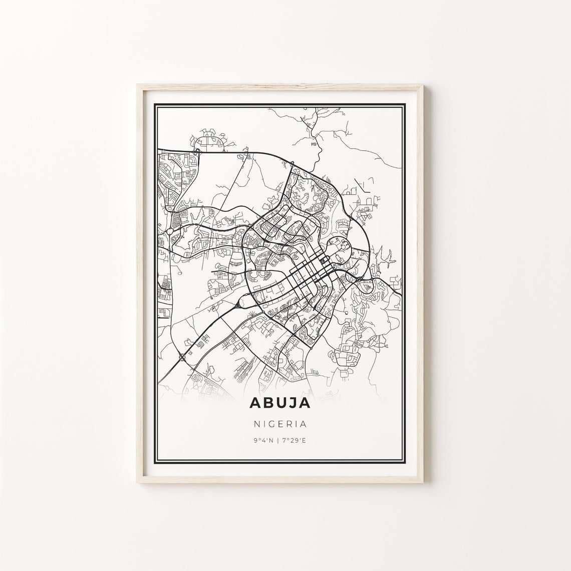 Abuja Nigeria Modern Black And White Street Map Coordinates Poster