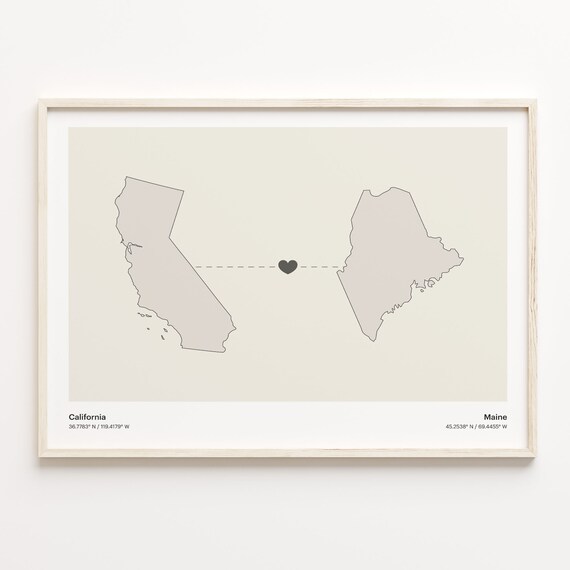 California to Maine Heartfelt Long Distance Connection Map Poster