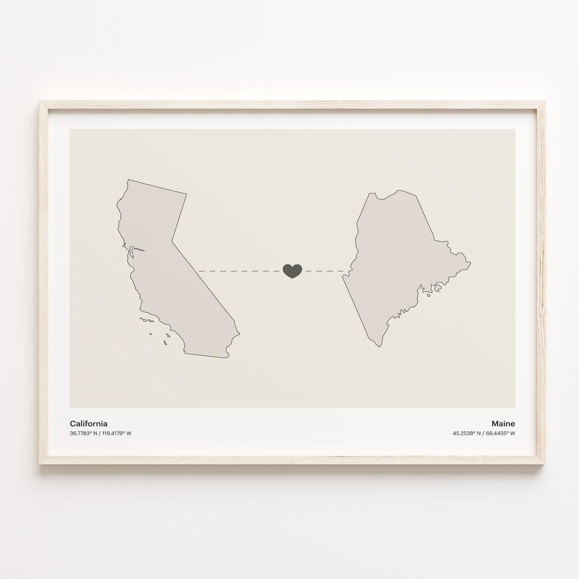 California to Maine Heartfelt Long Distance Connection Map Poster