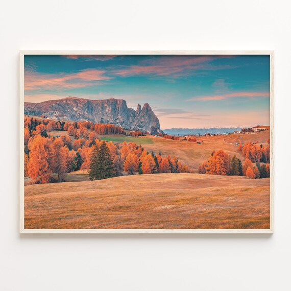 Dolomites Autumn Orange Larch Trees Alpine Meadow Photography Poster