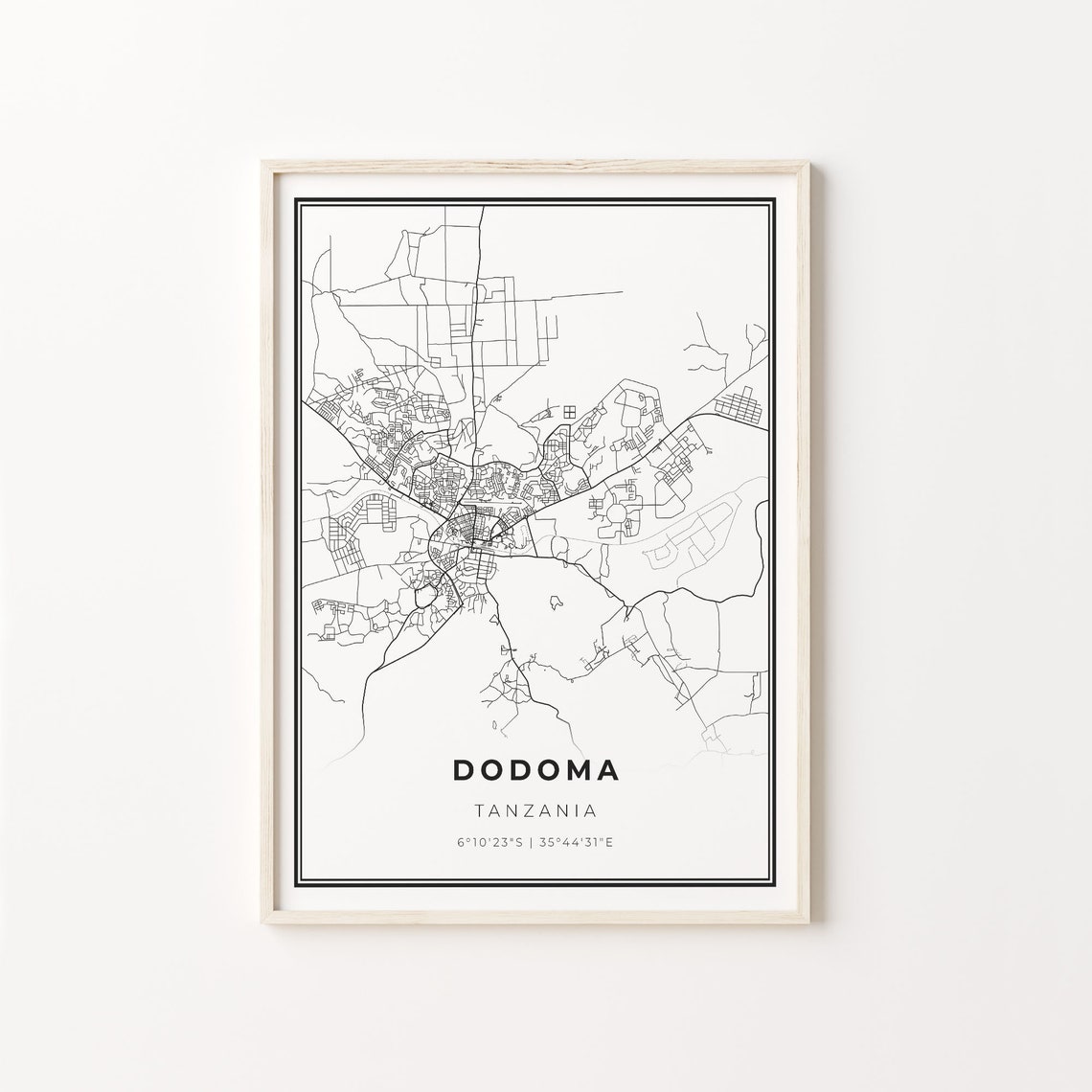 Dodoma Tanzania Modern Minimalist Black Line City Map Wall Art