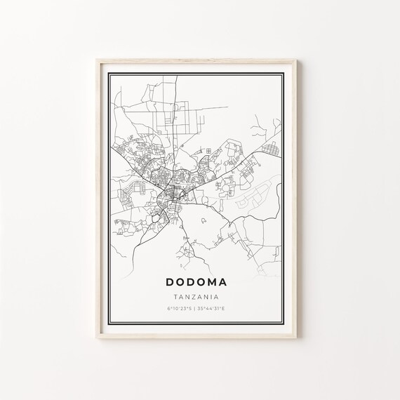Dodoma Tanzania Modern Minimalist Black Line City Map Wall Art