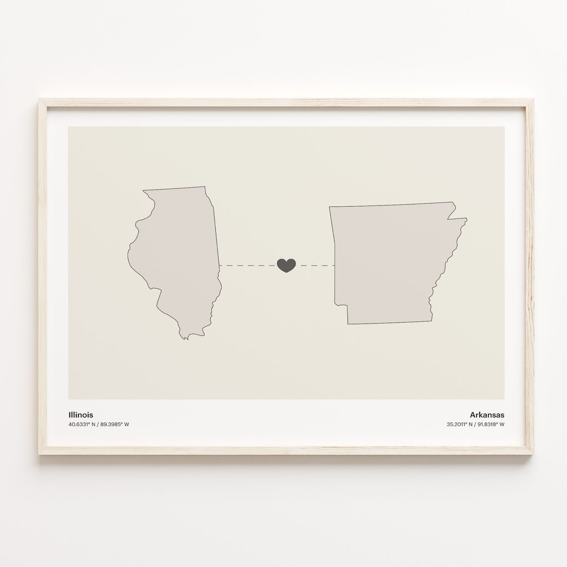 Illinois to Arkansas Heartfelt Long Distance Connection Map Poster