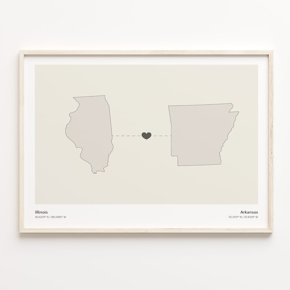 Illinois to Arkansas Heartfelt Long Distance Connection Map Poster