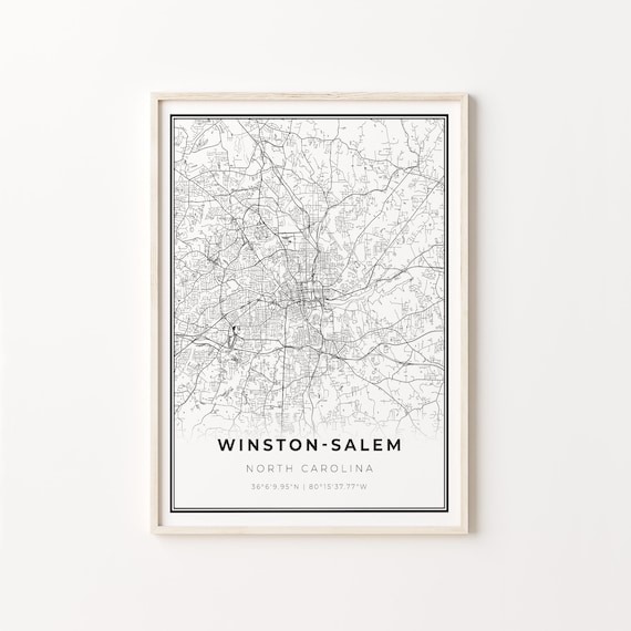 Winston-Salem North Carolina Modern Minimalist Black and White City Map Poster
