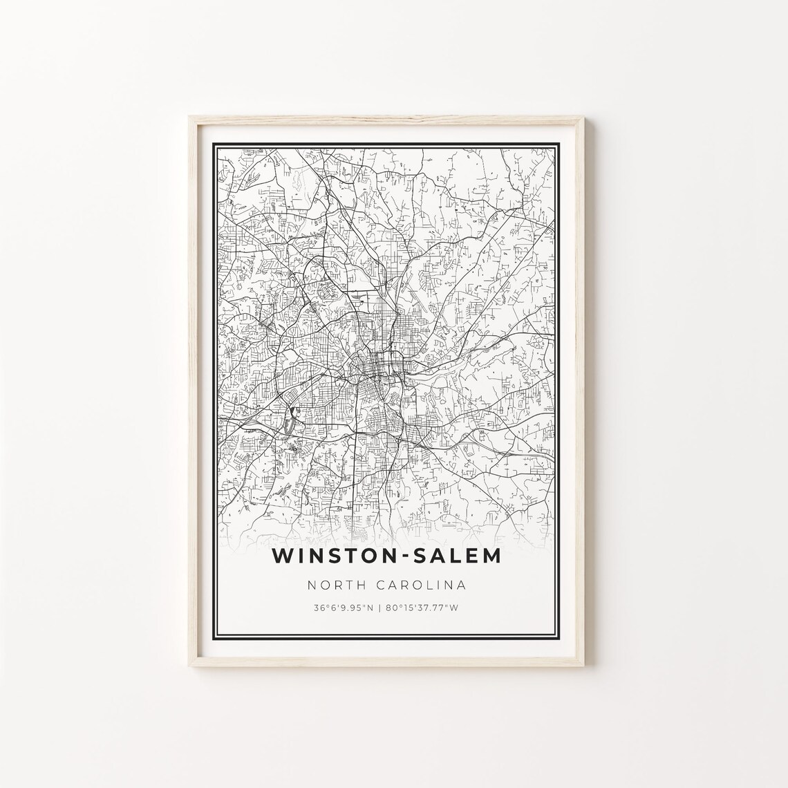 Winston-Salem North Carolina Modern Minimalist Black and White City Map Poster